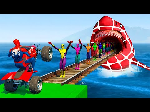 Spider-Man GTA 5 Extreme Rainbow Track! Shark Escape Mission
