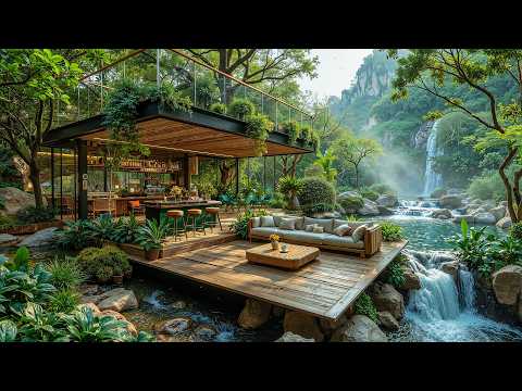 Mellow Outdoor Coffee Shop Jazz at a Waterfall View๐Smooth Jazz with Natural Ambience for Relaxation