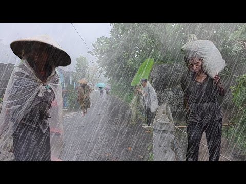 Walking in Extreme Heavy Rain and Thunderstroms | Rain Strong Winds hit Mountain Village | For Sleep