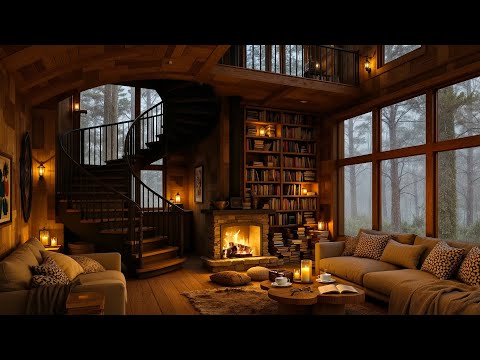 Cozy Cottage Ambience | Smooth Jazz Music, Crackling Fireplace & Soft Rain Sounds for Relaxation