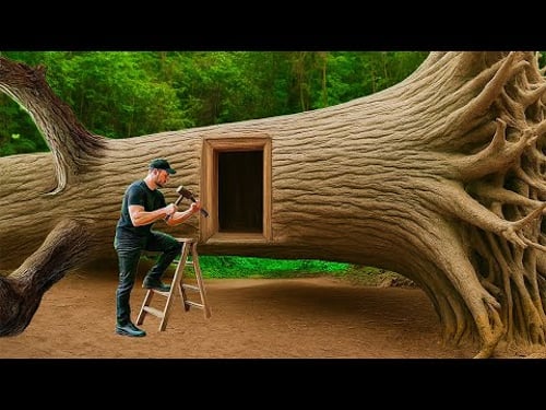 I Spent 7 Days Building a Bushcraft Survival Home Inside a Giant Tree