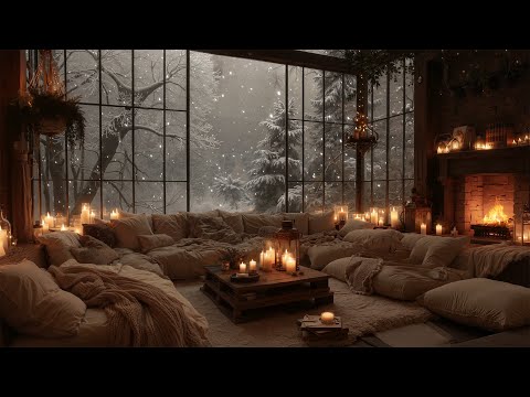 Tranquil Winter Cozy Cabin Ambience ⛄Relaxing Piano, Crackling Fireplace & Falling Snow for Work