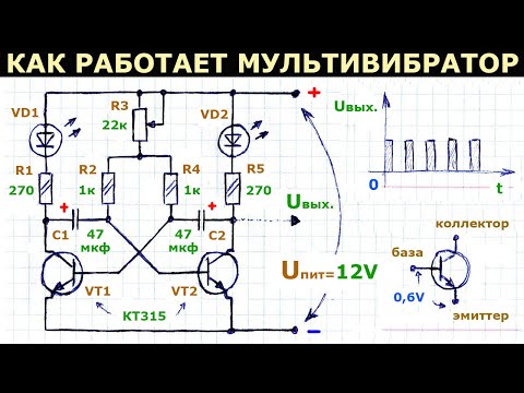 Как работает простая схема симметричного мультивибратора на транзисторах, описание принципа действия