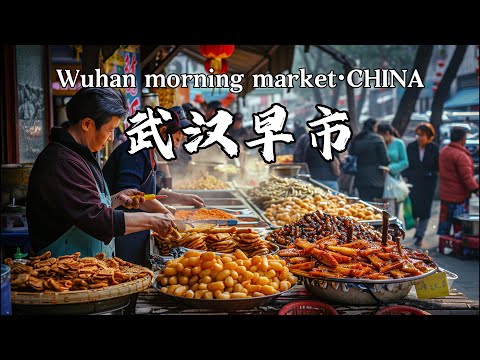 武汉早市,也叫武汉过早,三鲜豆皮/鲜鱼糊汤粉/瓦罐煨吊排骨汤/生煎包/炸面窝/糯米鸡/热干面,武汉街头美食,Wuhan morning market·CHINA