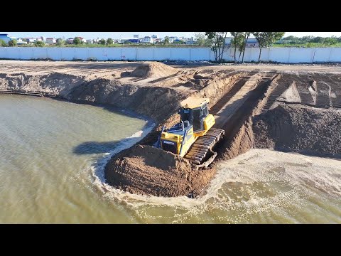 Amazing! Sand Filling Huge Size Lake Use Skill Bulldozer Pushing Sand And 25t Dump Trucks