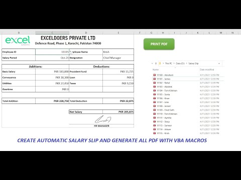 automate Microsoft Excel Company Payroll, generate employee pay slip PDF with VBA Macros Hindi Urdu
