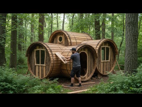 Man Builds a Unique Barrel House from Logs and Branches | Start to Finish