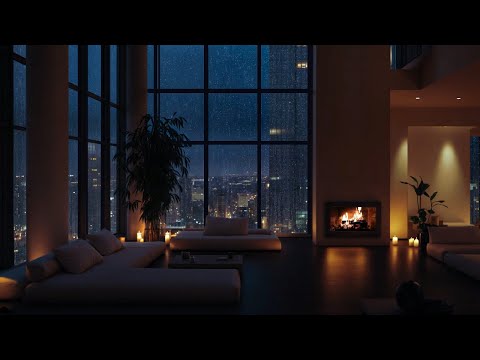 Night Rain in High-Rise Apartment | Fireplace & Relaxing Rain Sounds | Ambience for Sleep & Focus