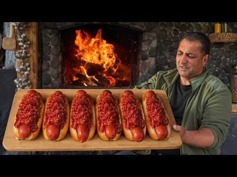 Giant Chili Dogs Cooked Over Open Fire — Wilderness Style Hot Dogs!