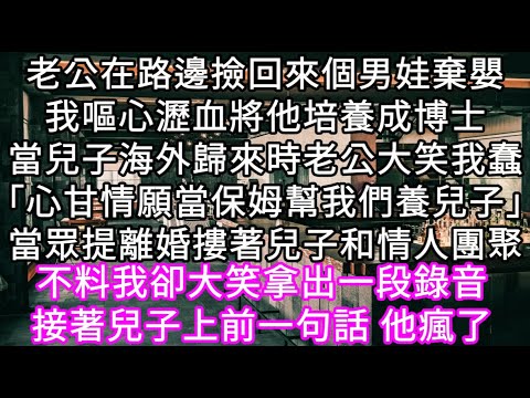 老公在路邊撿回來個棄嬰我嘔心瀝血將他培養成博士當兒子海外歸來時老公大笑我蠢「心甘情願當保姆幫我們養兒子」當眾提離婚摟著兒子和情人團聚 #心書時光 #為人處事 #生活經驗 #情感故事 #唯美频道 #爽文