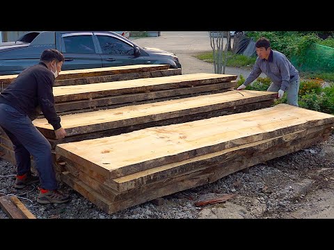 Process of making a pine table. furniture factory in south Korea
