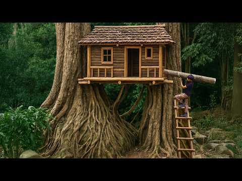 I am Building a Log Cabin on Giant Tree Trunks | Bushcraft Survival House