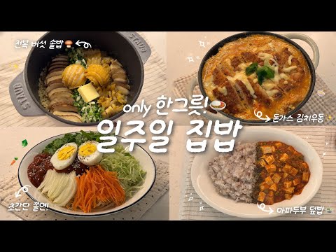 따뜻한 집밥이 최고야..☁🫧 1인 가구의 한그릇 집밥 브이로그🍙🏠ㅣ전복버섯솥밥🍄🟫ㅣ돈가스 김치우동✨ㅣ쫄면🥕ㅣ마파두부덮밥🍲