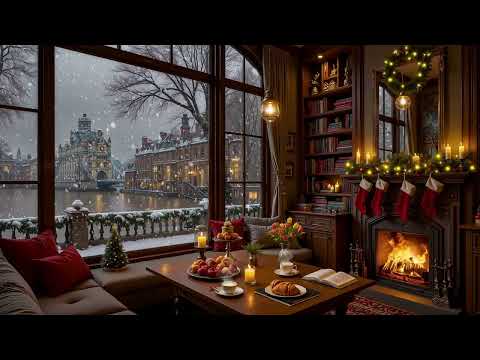 Beautiful Winter Coffee Shop ❄️ Relaxing Jazz Piano & Cozy Fireplace Ambience for Study, Work