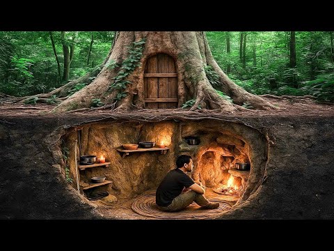 Hidden Survival Shelter Inside a Giant Tree – Living in the Wilderness
