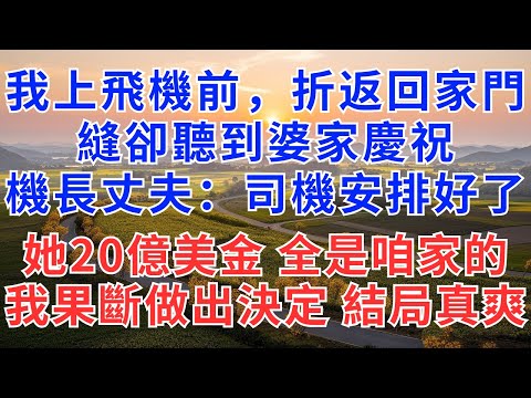 我上飛機前,折返回家,門縫卻聽到婆家慶祝,機長丈夫說:明天司機都安排好了,她20億美金信託全是咱家的!我果斷做出決定結局真爽!#為人處世#生活經驗#情感故事#故事#小說#戀愛#情感#婚姻