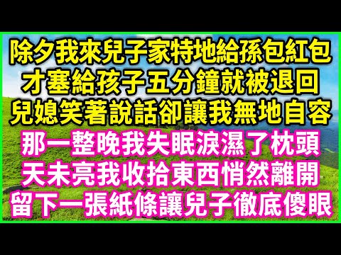 除夕我來兒子家特地給孫包紅包,才塞給孩子五分鐘就被退回,兒媳笑著說話卻讓我無地自容,那一整晚我失眠淚濕了枕頭,天未亮我收拾東西悄然離開,留下一張紙條讓兒子徹底傻眼!#情感故事 #花開富貴 #感人故事