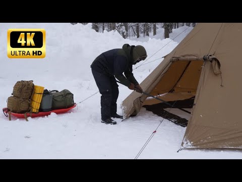 Solo Winter Camping in a Snowstorm | Hot Tent & Wood Stove Cooking