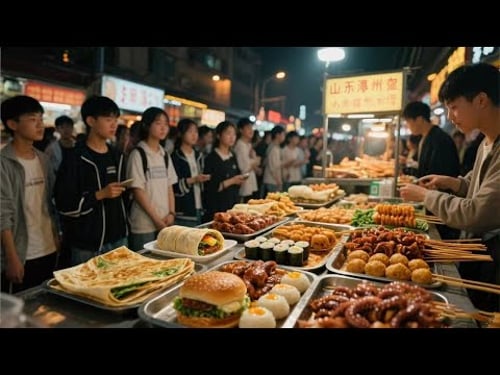 中国许昌美食城 烤鸭卷饼肉香十足 山东滕州菜煎饼香脆可口 糯米麻糍可包一切 街头美食琳琅满目