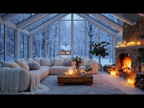 Winter White Piano | Cozy Winter Living Room with Snowfall Outside & Fireplace Glow for 4 Hours