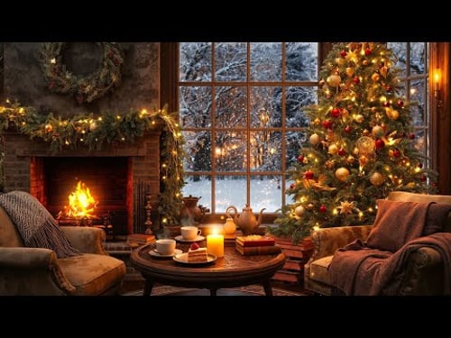 Relaxing Christmas Music by the Fireplace and Snowfall - Cozy Christmas Cabin to Relax, Sleep