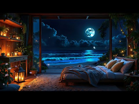 Fall Asleep Fast in a Warm Bedroom - Relaxing Piano & Ocean Sounds for Deep Sleep, Stress Relief