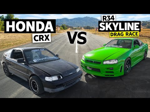 Can an R34 Skyline beat an All Motor CRX? Honda vs Haters no-prep Drag Race!