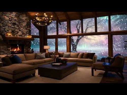 Forest Luxury Living Room On Snowy Day | Snow on window and Fireplace To Relax, christmas ambience