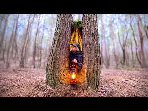 Building a Warm and Cozy Secret Dugout Between Trees | Bushcraft, Survival