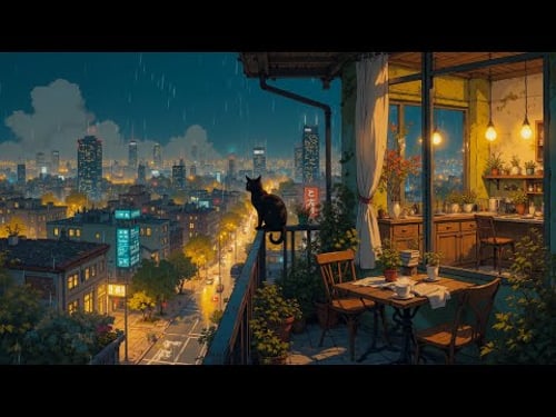 Lofi Balcony in Japan Rainy 🌧️🐾 Cozy Cat & City Lights | Relaxing Lofi Ambience for Study & Sleep