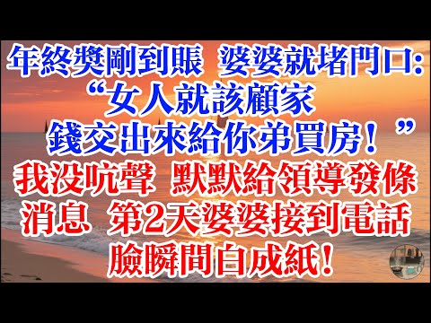 年終獎剛到賬 婆婆就堵門口:“女人就該顧家,錢交出來給你弟買房!”我沒吭聲 默默給領導發條消息 第2天婆婆接到電話 臉瞬間白成紙!#煙火故事匯 #婆媳 #家庭 #生活故事 #故事 #情感故事 #婚姻