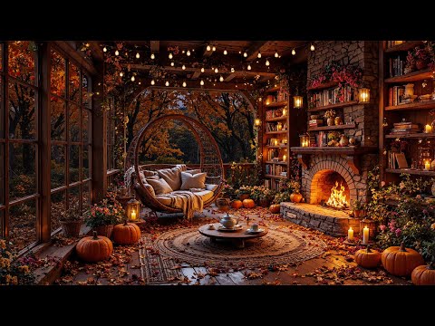 Autumn Jazz Vibes with Rain & Fireplace Warmth 🍂 Cozy Porch Ambience for Relaxation & Creative Flow