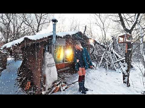 Woman Alone in a Little Reed Hut in Winter | Night Snowstorm