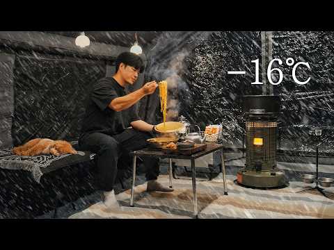 -16℃ Camping in Snow with My Dog . 2-Room Inflatable Tent . Wood Stove ASMR