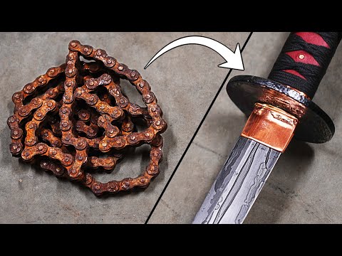 Forging DAMASCUS KATANA from MOTORCYCLE CHAIN (Workshop ASMR)
