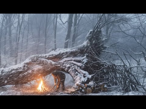 Survival Camp Alone in the Wilderness | Heavy Snowfall & Blizzard | No Gear just fire and skill