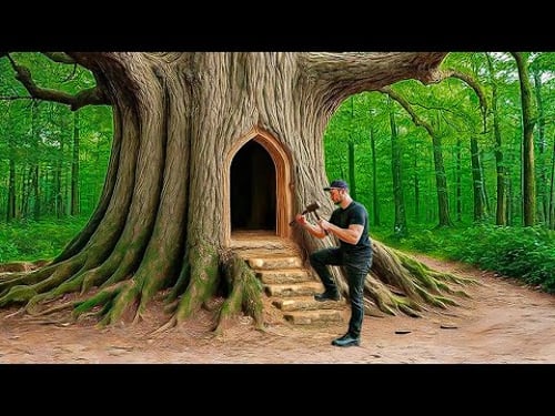 I Built a Hidden Forest Shelter Inside a Giant Tree | 200 Days of Building a Treehouse