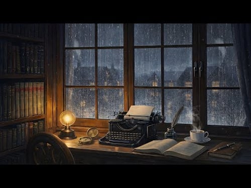 1950's Rainy Night in a Quiet Study with oldies Playing in Another Room for Sleep, Study and Relax