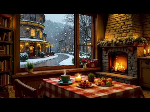 Calm Jazz Music by the Fireplace | Cozy Café Ambience with Snowfall Sounds for Study & Work