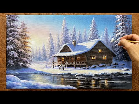 Draw a snowy winter landscape with a house and pine trees / Acrylic landscape painting / A Lu Art.