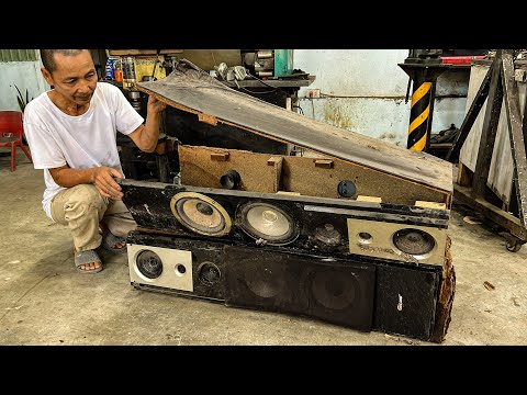 Restoration Of Seriously Damaged 3-Way Speaker // Renovating Pair Of Old Speakers For A Mechanic