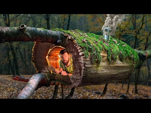 Building a COZY survival HOLLOW between tree trunks | Bushcraft