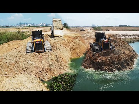 Greatest Road Construction! Bulldozer Shantui dh17C2 Push Soil Leveling, Dump Truck Slide Soil Down