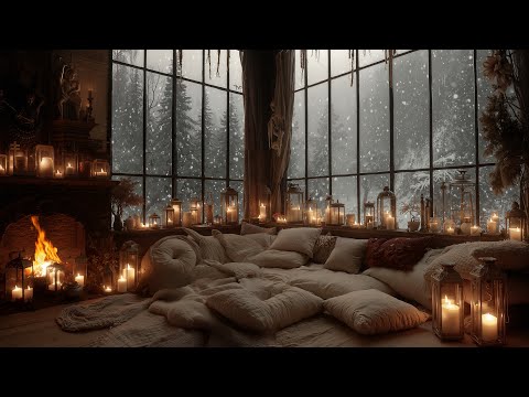 Calm Winter Night in a Forest Cabin ❄️Soft Piano, Snowfall & Fireplace for Sleep
