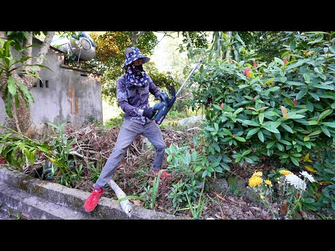 The woman is happy because her back hurts I Help her clean the garden