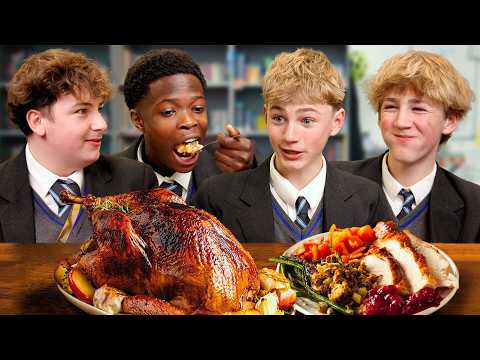 British Highschoolers try FULL Thanksgiving Dinner!