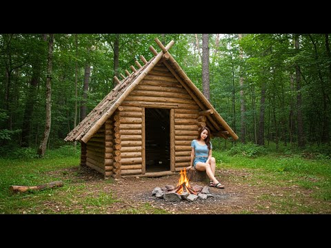 Young Woman Builds a Survival Log Cabin with Small Round Wooden Log - Bushcraft Shelter, Solo Built
