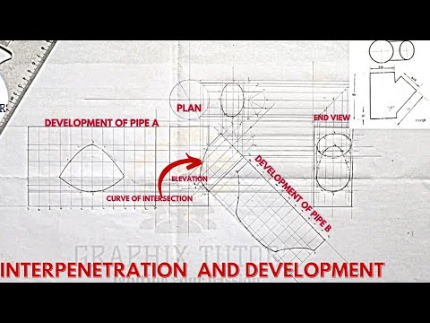 INTERPRETATION, Interpenetration, curve of intersection, end view of 2 unequal pipes INTERPENETATING