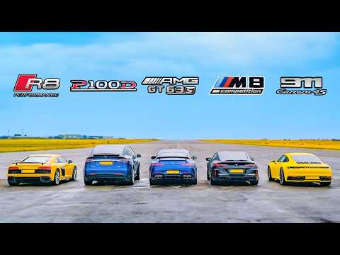 BMW M8 v Audi R8 v AMG GT 4dr v 911 vs Tesla Model X: DRAG RACE