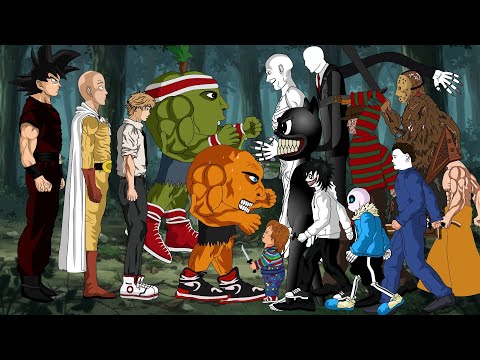 Goku - Saitama - ChainsawMan - Udin Din Din Dun VS Jason,Chucky,Michael,IT,Scp096,Cartoon Cat,Freddy